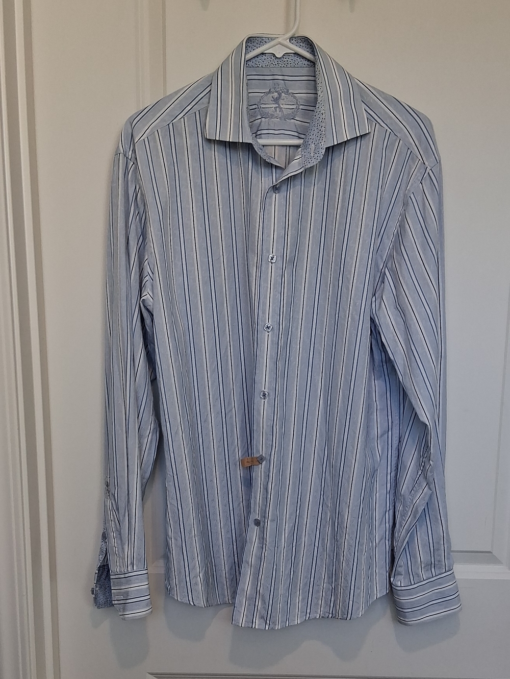 Bugatchi Men's Blue and White Striped Dress Shirt